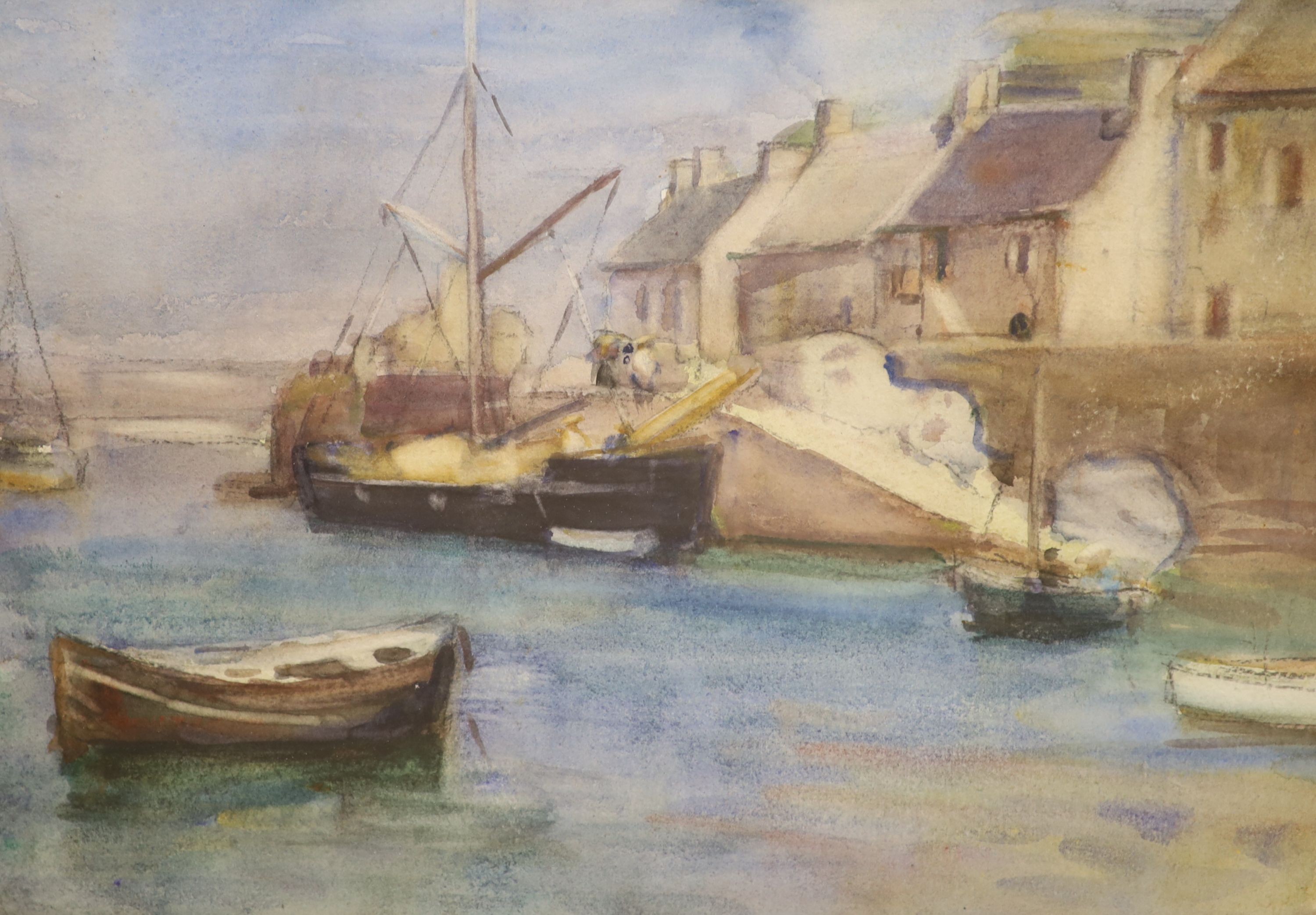 Newylyn School c.1900, watercolour, Harbour scene, 26 x 36cm